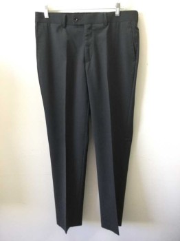 DKNY, Charcoal Gray, Wool, Solid, Flat Front, Button Tab, Belt Loops, Watch Pocket