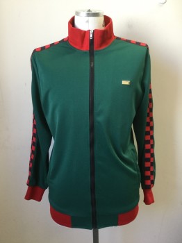 Mens, Sweatsuit Jacket, REASON, Green, Red, Navy Blue, Polyester, Solid, Check , L, Green Zip Front Jacket, Long Sleeves, Solid Red Ribbed Knit Collar/Cuff/Waistband, 2 Pockets, Red/navy Check Sleeve Band