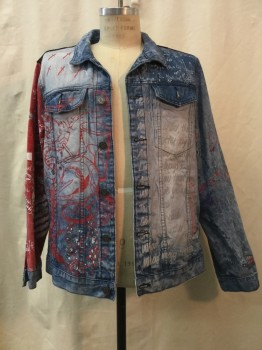 REASON, Blue, Red, Gray, Black, Cotton, Graphic, Abstract , Blue Denim, Black/red Patchwork Detail, Paint Splatter, Graphic Print, Button Front, Collar Attached, 4 Pockets, Distressed