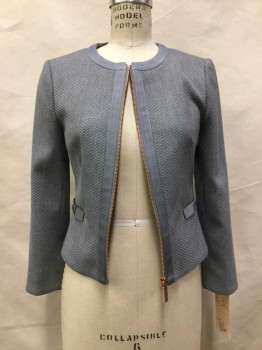 TED BAKER, Heather Gray, Synthetic, Geometric, Heather Gray with Geometric Texture, Zip Front, Ribbon Trim & Ribbon Bows