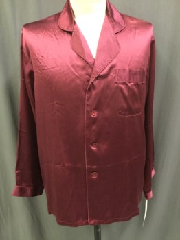 Mens, Sleepwear PJ Top, WINTER SILKS, Cranberry Red, Silk, Solid, M, Single Breasted, Button Front, Rounded Notched Lapel, 1 Pocket, Piping