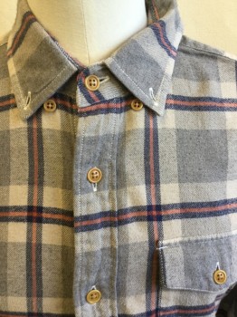 CREWCUTS, Lt Gray, Faded Black, Tan Brown, Orange, Black, Cotton, Plaid, Plaid-  Windowpane, Collar Attached, Button Down, Button Front, 1 Pocket with Flap, Long Sleeves,