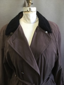 LONDON FOG, Brown, Black, Cotton, Polyester, Solid, Black Velvet Quilted Collar and Cuffs, Double Breasted, Belt, Removable Charcoal Wool Lining