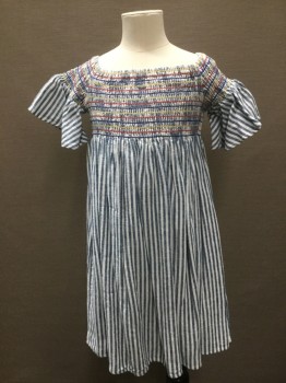 Childrens, Dress, CAT & JACK, White, Navy Blue, Red, Yellow, Cotton, Stripes, 7/8, Vertical Stripe Cotton with Smocked Chest, Front, Back & Short Sleeves,