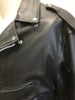UNIK LEATHER APPAREL, Black, Leather, Solid, Motorcycle Jacket with Off Center Zipper at Front, Self Belt with Silver Buckle Attached at Waist, 4 Pockets, Epaulettes at Shoulders