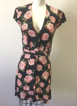 TOPSHOP, Black, White, Dk Red, Sage Green, Viscose, Floral, Black with Dark Red/White/Sage Roses with Leaves Pattern, Crepe, Cap Sleeve, V-neck, Shirtwaist with Button Front, 3 Horizontal Pleats at Waist, A-Line, Hem Above Knee