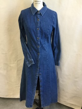 CHADWICKS, Blue, Cotton, Spandex, Solid, Blue Denim, Collar Attached, Button Front, Long Sleeves, Flair Bottom