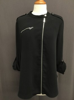 RACHEL ROY, Black, Polyester, Solid, Sporty Blouse/jacket, Asymmetrical  Zip Front, Snap Closed Band Collar, Pleats at Back Yoke, Epaulets, Shirt Hem, Long Sleeves, with Button Tab Cuff