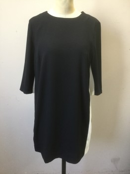 H&M, Black, White, Synthetic, Color Blocking, Black Crepe, with White Panels at Sides/Underarms and Vertical Column Down Center Back, 3/4 Sleeves, Round Neck, Shift Dress, Hem Above Knee