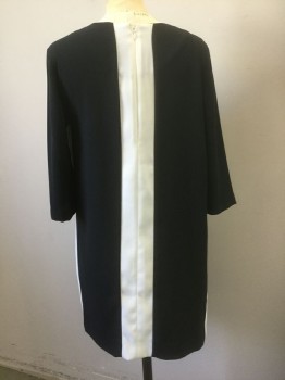 H&M, Black, White, Synthetic, Color Blocking, Black Crepe, with White Panels at Sides/Underarms and Vertical Column Down Center Back, 3/4 Sleeves, Round Neck, Shift Dress, Hem Above Knee
