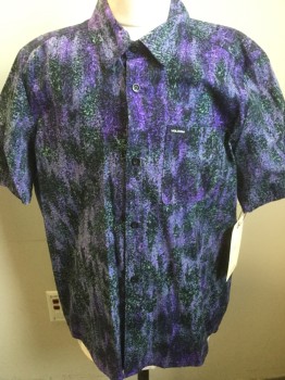 VOLCOM, Purple, Lavender Purple, Black, Sea Foam Green, Gray, Cotton, Abstract , Short Sleeves, Button Front, Collar Attached, Pocket,