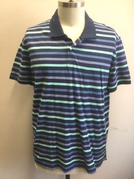 ST. JOHN'S BAY, Navy Blue, Aqua Blue, French Blue, Lt Blue, Cotton, Stripes - Horizontal , Navy with Aqua, French Blue, Light Blue Stripes, Pique, Short Sleeves, Solid Navy Collar, 2 Buttons at Center Front Neck