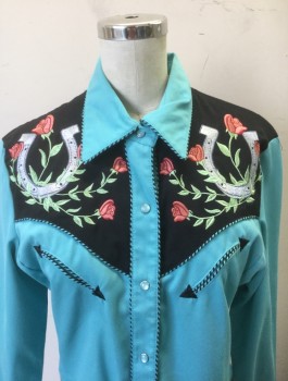 SCULLY, Sky Blue, Black, Multi-color, Polyester, Rayon, Solid, Floral, Gabardine, Sky Blue Body with Black Yoke & Cuffs, Flowers and Horseshoe Embroidery at Western Yoke, Long Sleeves, Snap Front, Collar Attached, Striped Piping Trim, 2 Curved Western Style Pockets