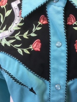 Womens, Shirt, SCULLY, Sky Blue, Black, Multi-color, Polyester, Rayon, Solid, Floral, B36, XS, W33, Gabardine, Sky Blue Body with Black Yoke & Cuffs, Flowers and Horseshoe Embroidery at Western Yoke, Long Sleeves, Snap Front, Collar Attached, Striped Piping Trim, 2 Curved Western Style Pockets