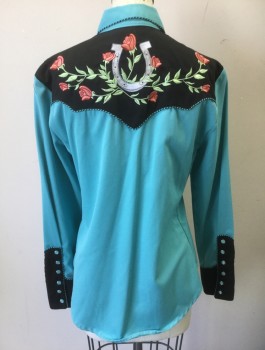 Womens, Shirt, SCULLY, Sky Blue, Black, Multi-color, Polyester, Rayon, Solid, Floral, B36, XS, W33, Gabardine, Sky Blue Body with Black Yoke & Cuffs, Flowers and Horseshoe Embroidery at Western Yoke, Long Sleeves, Snap Front, Collar Attached, Striped Piping Trim, 2 Curved Western Style Pockets