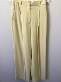 THEORY, Butter Yellow, Viscose, Elastane, Solid, Two Pleated Front, High Waisted, Wide Leg, Slit Pockets