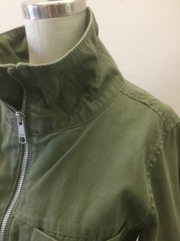 OLD NAVY, Olive Green, Cotton, Solid, Zip Front, Stand Collar, 4 Pockets, Drawstring Waist, No Lining, Elastic Cuffs