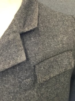 Mens, Coat 1890s-1910s, L/N MTO, Dk Gray, Gray, Wool, Tweed, 40, Fine Seed Pattern Tweed Weave, Double Breasted, Notched Lapel with Triple Row One Shoulder, Stitching Around the Collar & Pocket Flaps, 6 Covered Buttons, 4 Pockets with Flaps,