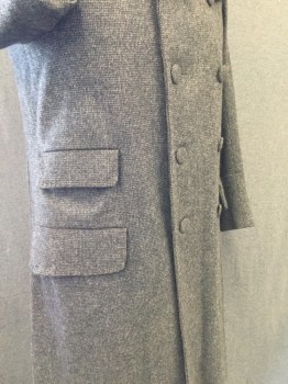 Mens, Coat 1890s-1910s, L/N MTO, Dk Gray, Gray, Wool, Tweed, 40, Fine Seed Pattern Tweed Weave, Double Breasted, Notched Lapel with Triple Row One Shoulder, Stitching Around the Collar & Pocket Flaps, 6 Covered Buttons, 4 Pockets with Flaps,