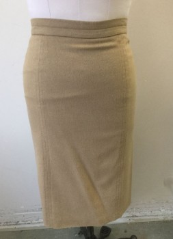 MAX MARA, Beige, Solid, Camel Hair Woolly Fabric, 1.5" Wide Self Waistband with Seam Running in the Middle, Pencil Skirt, 2 Flat Felled Seams at Either Side of Front, Invisible Zipper at Center Back Waist, Box Pleat at Center Back Waist, Luxury/High End Item
