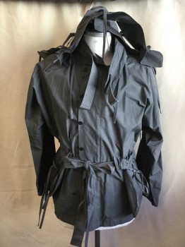 Mens, Jacket, FOX 31, Gray, Polyester, Cotton, Solid, 44, Collar Attached with Short Web Belt, Hidden Zip Front with Black Snap Button. Self Detach Belt, 2 --1/2 Circle Pockets Bottom with Thin Ties, Long Sleeves with Elastic Trim and Short Web Belt, Both Sides Zip Bottom Hem, Gray Lining, with Detach Self Zip Hood (slight Burned on Left Shoulder)