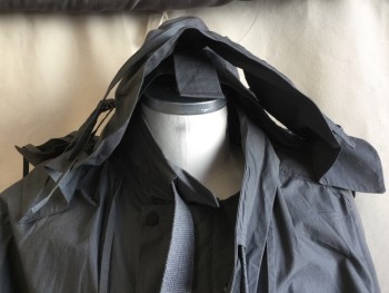 Mens, Jacket, FOX 31, Gray, Polyester, Cotton, Solid, 44, Collar Attached with Short Web Belt, Hidden Zip Front with Black Snap Button. Self Detach Belt, 2 --1/2 Circle Pockets Bottom with Thin Ties, Long Sleeves with Elastic Trim and Short Web Belt, Both Sides Zip Bottom Hem, Gray Lining, with Detach Self Zip Hood (slight Burned on Left Shoulder)
