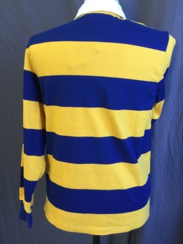 J.CREW CANTERBURY, Navy Blue, Goldenrod Yellow, White, Cotton, Polyester, Stripes - Horizontal , Solid White Collar Attached, 1 Button Front, Long Sleeves, 2" Side Split