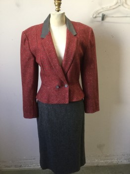 BAGATELLE, Red, Heather Gray, Black, Wool, Houndstooth, Notched Lapel, Double Breasted, Grey Leather Collar, Peplum Waist, Hidden Coin Pocket