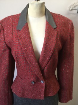 BAGATELLE, Red, Heather Gray, Black, Wool, Houndstooth, Notched Lapel, Double Breasted, Grey Leather Collar, Peplum Waist, Hidden Coin Pocket