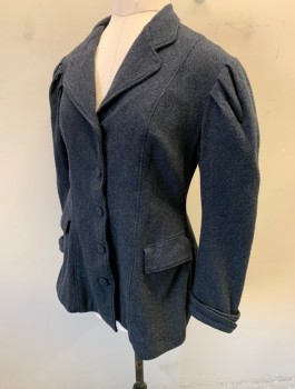 Womens, Jacket 1890s-1910s, N/L MTO, Slate Blue, Navy Blue, Wool, Herringbone, B38-40, L, Sz.10, Thick Wool, Single Breasted, 5 Self Fabric Buttons, Rounded Notched Lapel, Leg O'Mutton Sleeves with Puffy Gathered Shoulders, Folded Cuffs, 2 Pockets, Purple Satin Lining, Made To Order