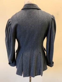 N/L MTO, Slate Blue, Navy Blue, Wool, Herringbone, Thick Wool, Single Breasted, 5 Self Fabric Buttons, Rounded Notched Lapel, Leg O'Mutton Sleeves with Puffy Gathered Shoulders, Folded Cuffs, 2 Pockets, Purple Satin Lining, Made To Order