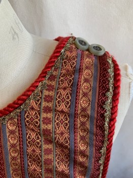 Mens, Historical Fiction Tabard, MTO, Dk Red, Gold, Blue-Gray, Green, Silk, Stripes, O/S, Silk Jacquard Stripe Tapestry, Scoop Neck, Open Sides, Red Rope Trim with Gold Lace Ribbon Trim, Shoulder Buttons (one Side with Button Holes)