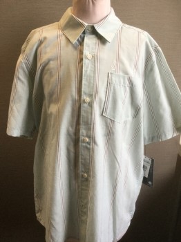 VOLCOM, Mint Green, Navy Blue, White, Cotton, Polyester, Stripes - Vertical , Short Sleeves, Button Front, 1 Pocket,