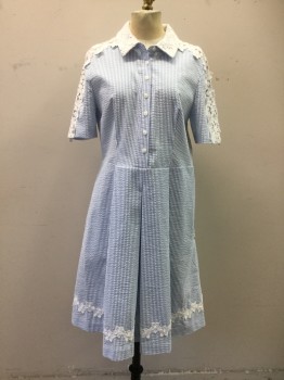 DRAPER JAMES, Lt Blue, White, Cotton, Polyester, Stripes, Seersucker, Button Front, Top, Collar Attached, Floral Lace Collar and Top Sleeves, Short Sleeves, Pleated Skirt, Side Zip, Floral Lace Band Skirt Hem