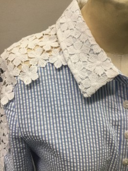 DRAPER JAMES, Lt Blue, White, Cotton, Polyester, Stripes, Seersucker, Button Front, Top, Collar Attached, Floral Lace Collar and Top Sleeves, Short Sleeves, Pleated Skirt, Side Zip, Floral Lace Band Skirt Hem