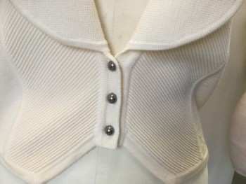 CLUB M, Ivory White, Wool, Solid, Stripes, 3 Pewter Round Buttons,  Rib Knit Fronts, Shawl Collar, Doubles, Retro 1930s