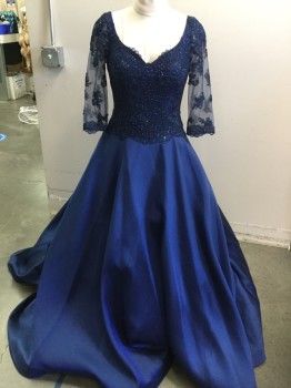 MORRELL MAXIE, Navy Blue, Polyester, Nylon, Solid, Full Ballroom Gown, Navy Lace Bodice Embellished with Peacock Swarovsky Crystals, Nylon Mesh 3/4 Sleeves, V-neck, Back Zipper, Underskirt is Layered with Tulle, 2 Pockets,