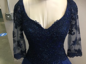 MORRELL MAXIE, Navy Blue, Polyester, Nylon, Solid, Full Ballroom Gown, Navy Lace Bodice Embellished with Peacock Swarovsky Crystals, Nylon Mesh 3/4 Sleeves, V-neck, Back Zipper, Underskirt is Layered with Tulle, 2 Pockets,