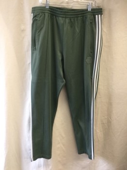 ADIDAS, Sage Green, White, Polyester, Elastane, Solid, Elasticized Waistband with Drawstring, 3 Pockets, Sew Down Crease, Taperred, Side Stripes, Pull On, *Triple*