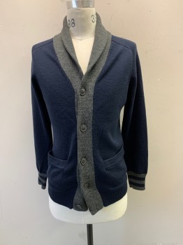 FRENCH CONNECTION, Navy Blue, Dk Gray, Wool, Solid, Long Sleeves, V-neck, Shawl Collar, 2 Pockets, Navy with Gray Trim