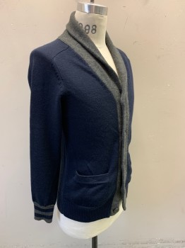 FRENCH CONNECTION, Navy Blue, Dk Gray, Wool, Solid, Long Sleeves, V-neck, Shawl Collar, 2 Pockets, Navy with Gray Trim
