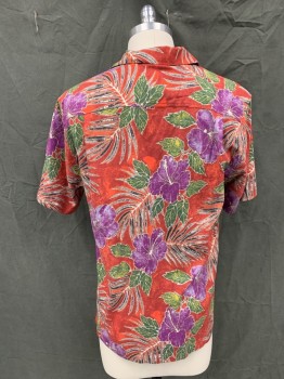 TOMMY BAHAMA, Red, Purple, Green, White, Black, Cotton, Polyester, Floral, Button Front, Collar Attached, Short Sleeves, 1 Pocket