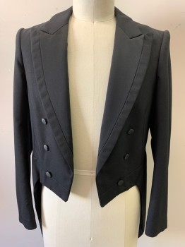 Mens, Tailcoat 1890s-1910s, FOX475, Black, Wool, 42, Satin Peaked Lapel, Double Breasted, 6 Buttons, Plastic Buttons, Open Front