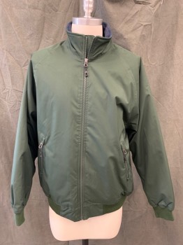 ORVIS, Dk Green, Polyester, Solid, Zip Front, Stand Collar, 2 Zip Pockets, Raglan Long Sleeves, Ribbed Knit Waistband/Cuff, Navy Fleece Lining