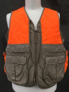CABELA'S, Brown, Neon Orange, Cotton, Color Blocking, Neon Orange Top Front and Back Yoke, Back Lower, Zip Front, V-neck, Double Layer with Side/Back Pouch, Hunting and Fishing