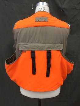 CABELA'S, Brown, Neon Orange, Cotton, Color Blocking, Neon Orange Top Front and Back Yoke, Back Lower, Zip Front, V-neck, Double Layer with Side/Back Pouch, Hunting and Fishing