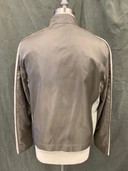 JUICY COUTURE, Brown, Taupe, Polyester, Color Blocking, Brown Body, Taupe Sleeve Top Panels with Brown Piping, Zip Front, Stand Collar with Snap Tab Closure, 2 Pockets, Zip Lower Sleeve, Lining Graphic "The Damnation Army"