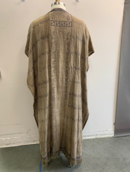 Mens, Historical Fiction Robe, N/L MTO, Lt Brown, Purple, Hemp, Geometric, O/S, Printed Indigo Pattern on Coarse/Rough Weave, Open at Center Front with No Closures, No Side Seams, Floor Length,  Self Tassel Hem, Made To Order