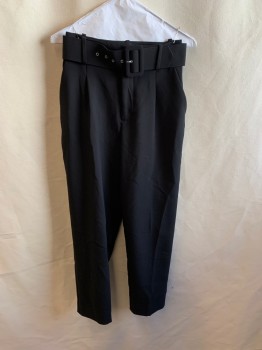ZARA, Black, Polyester, Solid, Pleated Front, 4 Pockets, Large Belt with Large Buckle