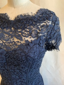 Womens, Cocktail Dress, MONIQUE LHUILLIER, Navy Blue, Cotton, Rayon, Solid, 2, Navy Floral Lace, Eyelash Lace Edges, Scoop Neck, Cap Sleeves, Knee Length, Zip Back, Sweetheart Neck Lining, Bra Attached Interior, Keyhole Back